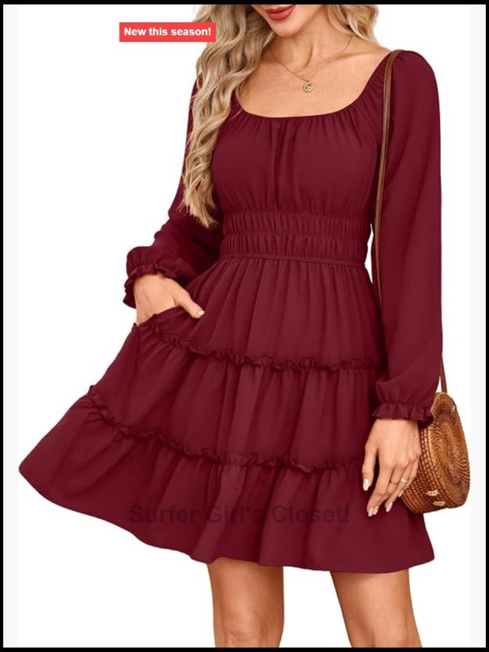 Square Neck Long Sleeve Tiered Ruffle A-Line Flowy Mini Dress with Pockets